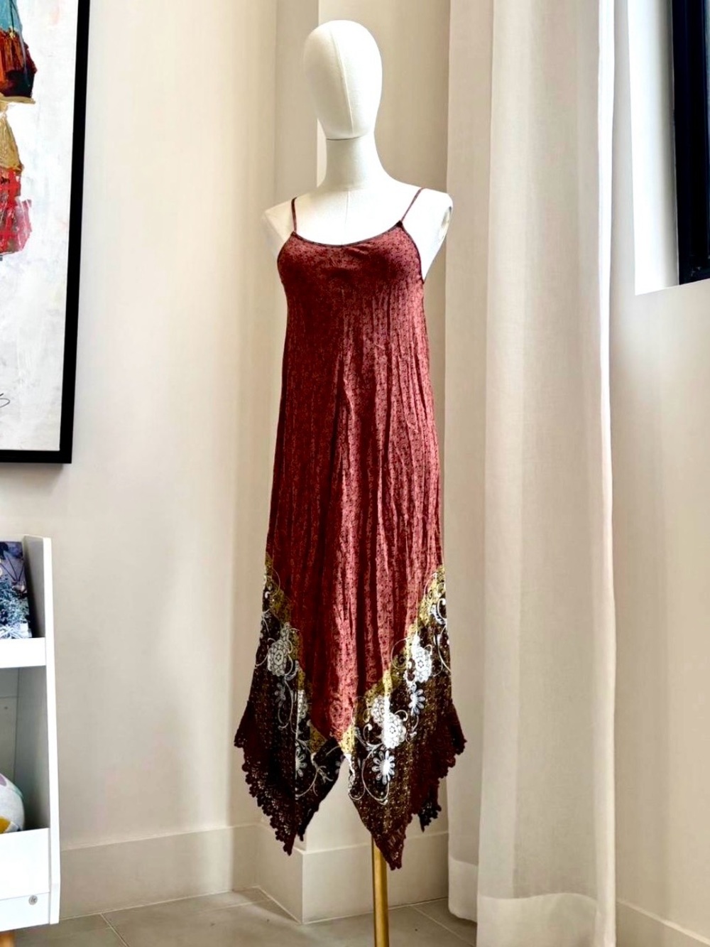 Ganji LA Boho Paisley Handkerchief Hem Cami Dress Crochet Lace Terracotta Small